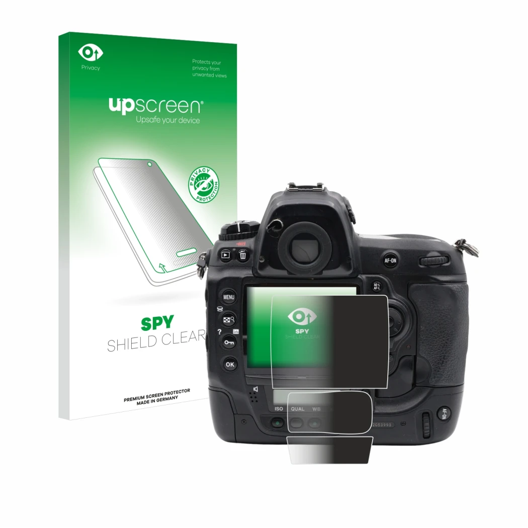 Face avant d’un emballage produit avec le logo de la marque upscreen. À côté, l’appareil Nikon D3x est représenté avec la prot