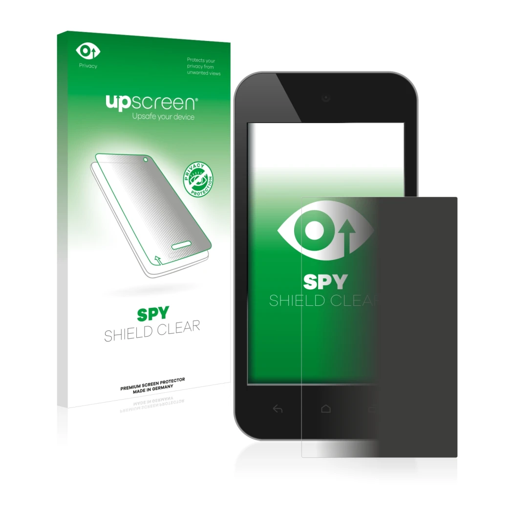 Face avant d’un emballage produit avec le logo de la marque upscreen. À côté, l’appareil est représenté avec la protection d’é
