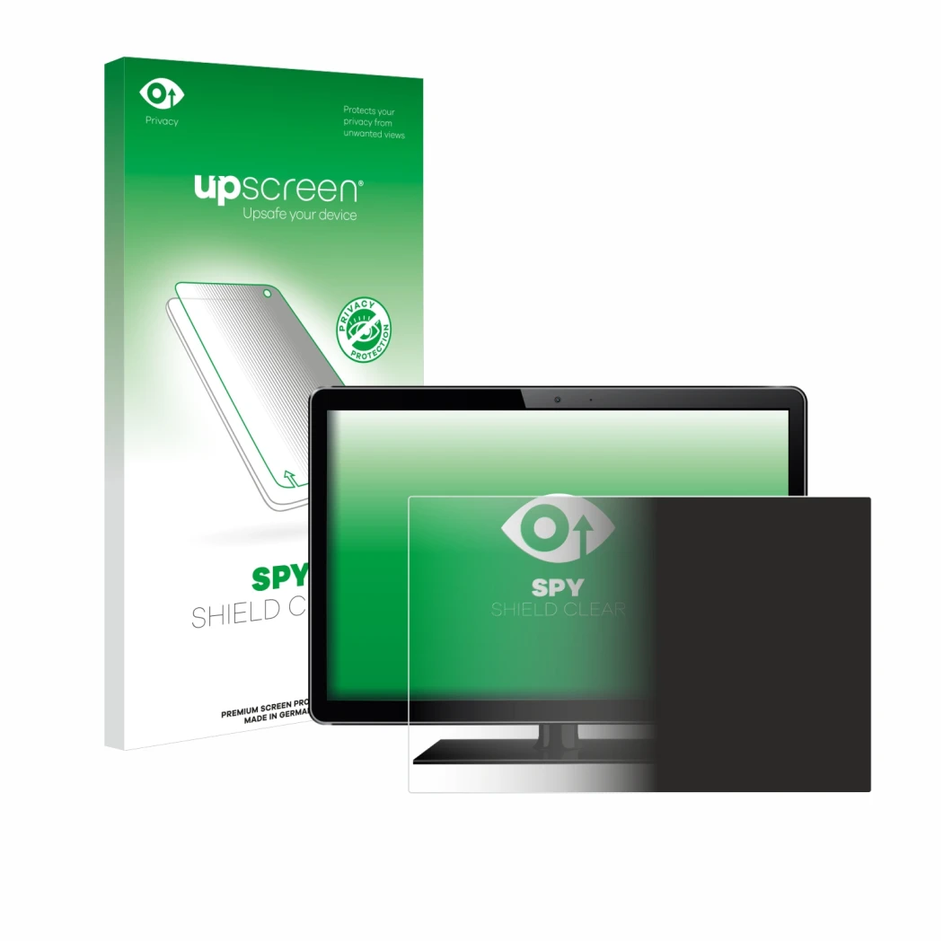 Face avant d’un emballage produit avec le logo de la marque upscreen. À côté, l’appareil est représenté avec la protection d’é