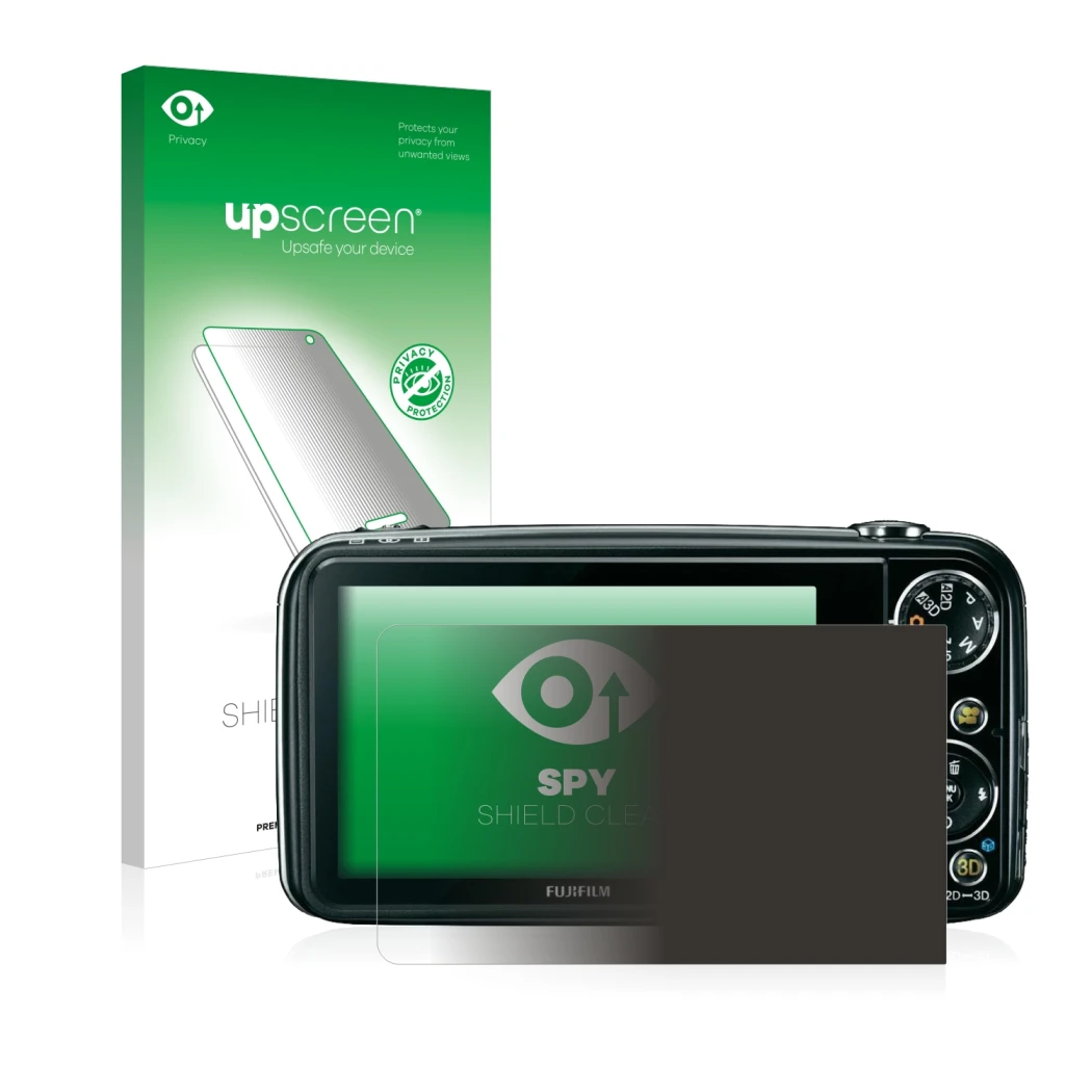 Face avant d’un emballage produit avec le logo de la marque upscreen. À côté, l’appareil Fujifilm FinePix Real 3D W3 est repré