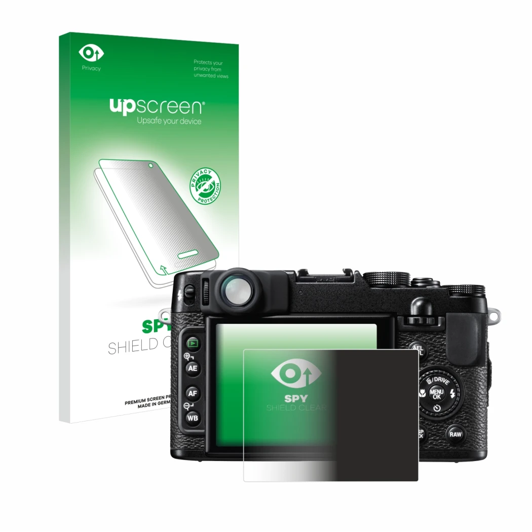 Face avant d’un emballage produit avec le logo de la marque upscreen. À côté, l’appareil Fujifilm FinePix X10 est représenté a