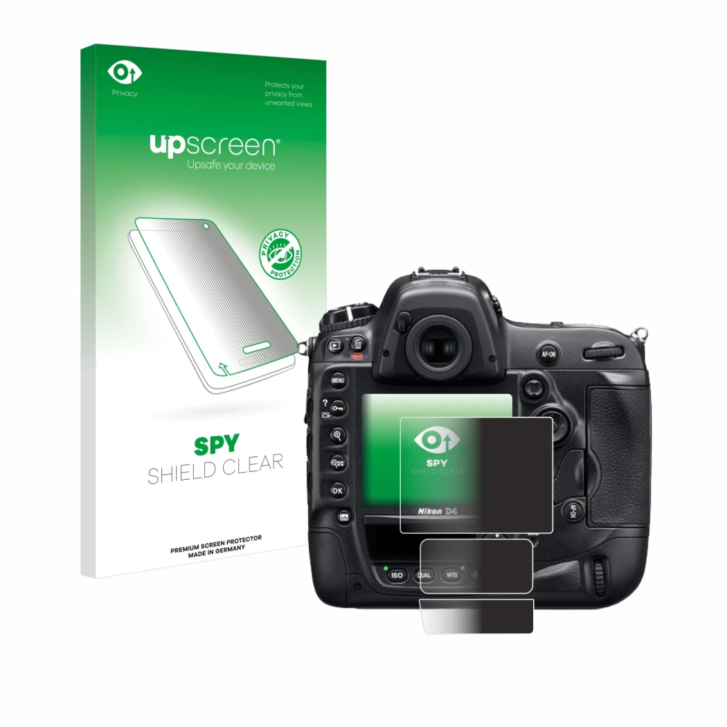Face avant d’un emballage produit avec le logo de la marque upscreen. À côté, l’appareil Nikon D4 est représenté avec la prote