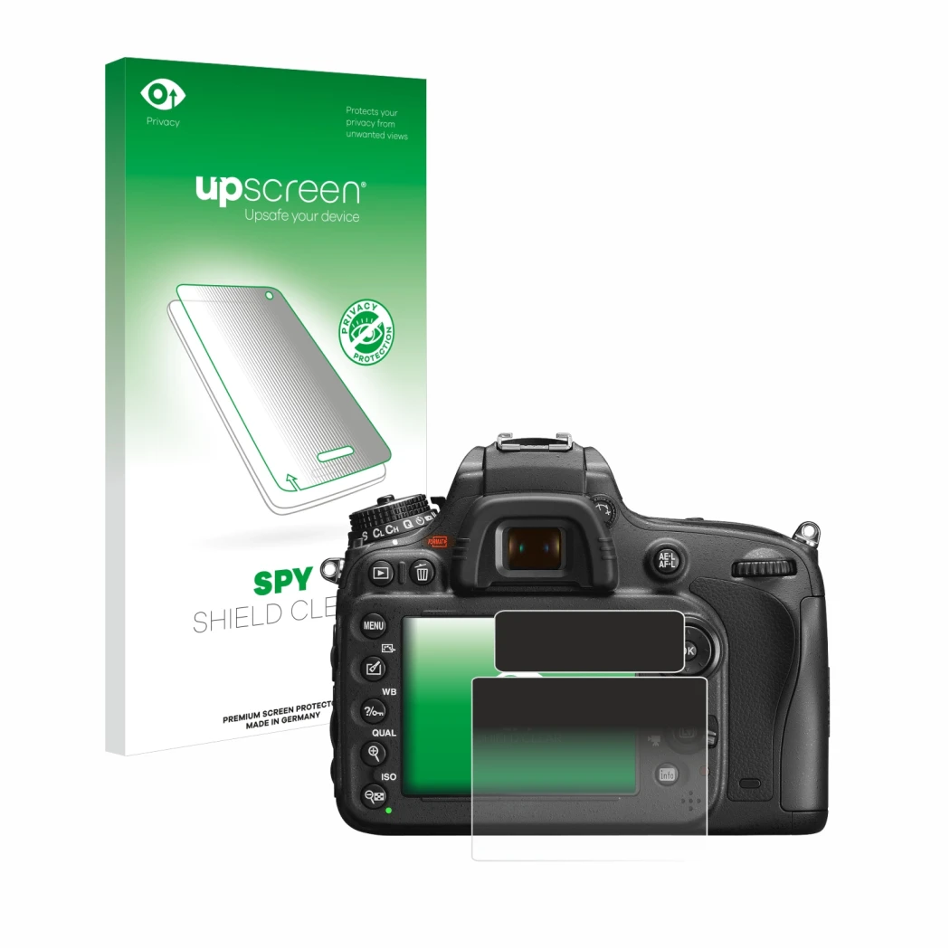 Face avant d’un emballage produit avec le logo de la marque upscreen. À côté, l’appareil Nikon D600 est représenté avec la pro