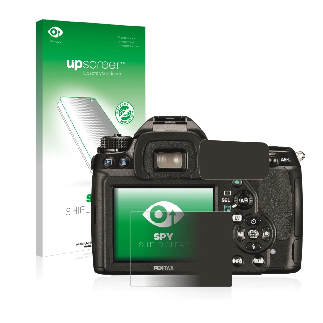 Face avant d’un emballage produit avec le logo de la marque upscreen. À côté, l’appareil Pentax K5II, K-5II est représenté ave