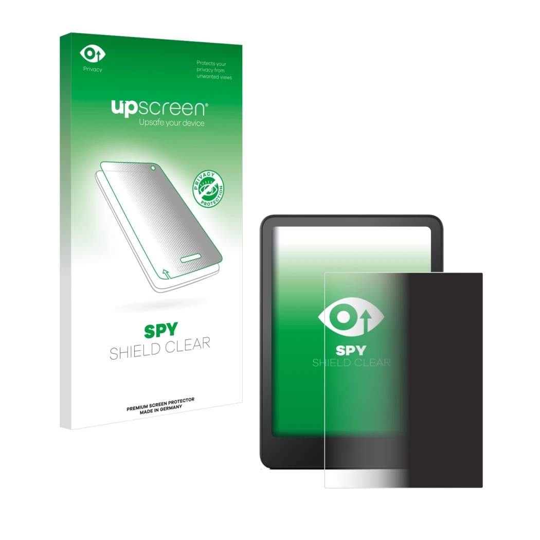 Face avant d’un emballage produit avec le logo de la marque upscreen. À côté, l’appareil Amazon Kindle Paperwhite 2012 est rep