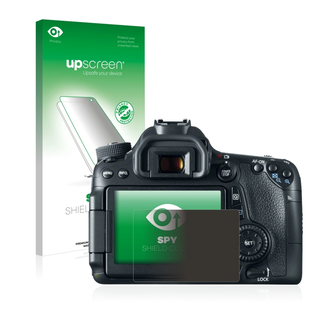 Face avant d’un emballage produit avec le logo de la marque upscreen. À côté, l’appareil Canon EOS 70D est représenté avec la