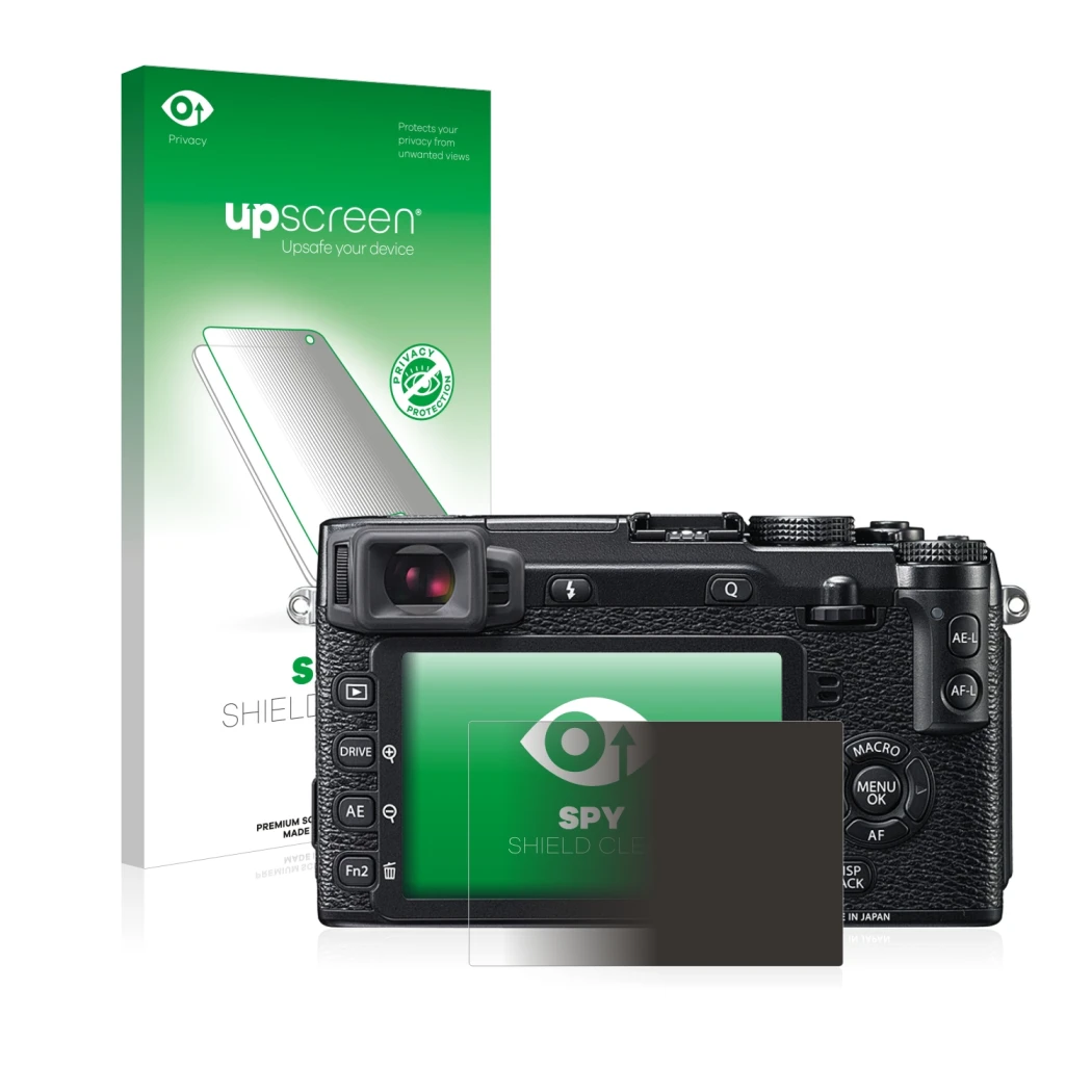 Face avant d’un emballage produit avec le logo de la marque upscreen. À côté, l’appareil Fujifilm X-E2 est représenté avec la