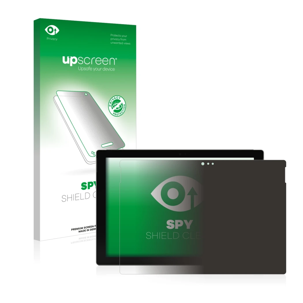 Face avant d’un emballage produit avec le logo de la marque upscreen. À côté, l’appareil Microsoft Surface Pro 3 est représent