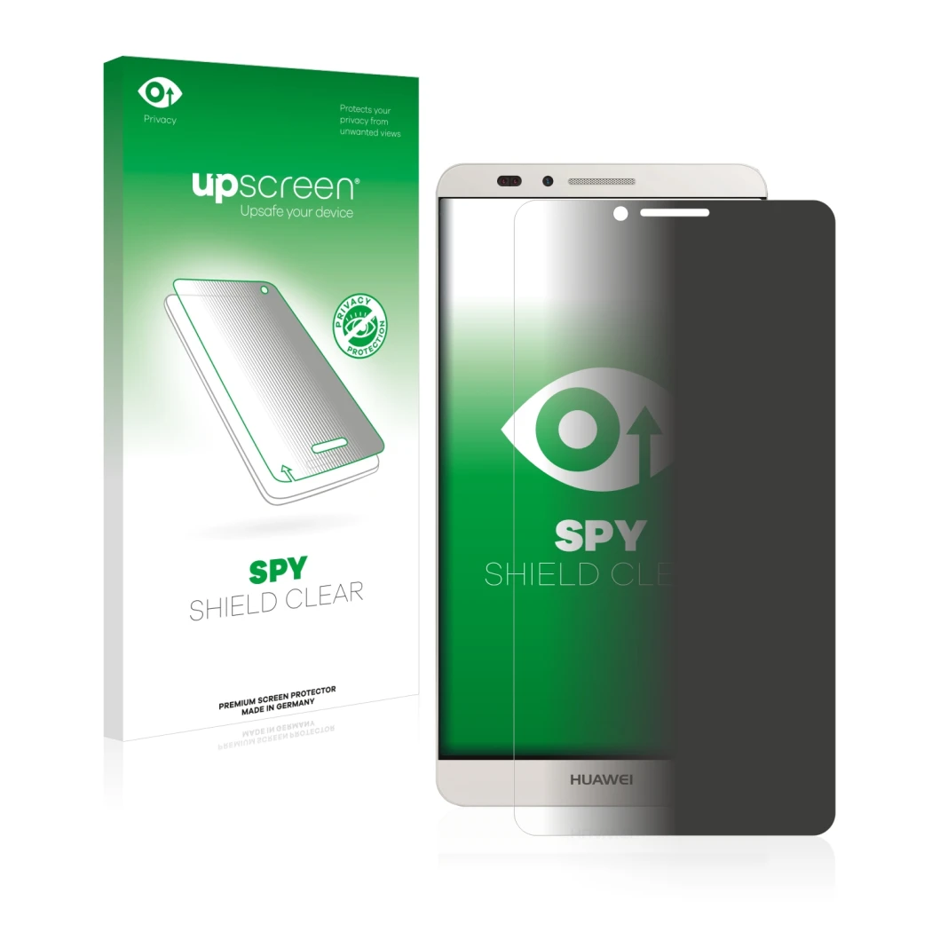 Face avant d’un emballage produit avec le logo de la marque upscreen. À côté, l’appareil Huawei Ascend Mate 7 est représenté a