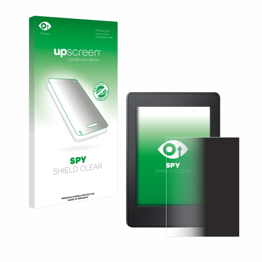 Face avant d’un emballage produit avec le logo de la marque upscreen. À côté, l’appareil Amazon Kindle Paperwhite 2015 (7ème G