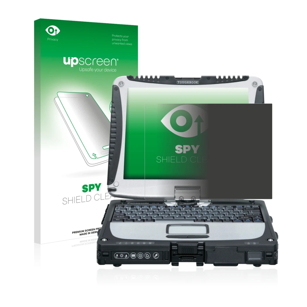 Face avant d’un emballage produit avec le logo de la marque upscreen. À côté, l’appareil Panasonic Toughbook CF-19 est représe