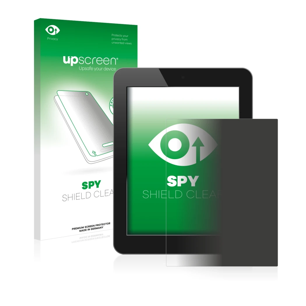 Face avant d’un emballage produit avec le logo de la marque upscreen. À côté, l’appareil est représenté avec la protection d’é