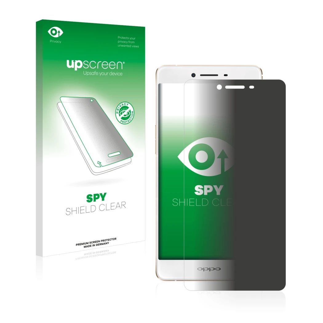 Face avant d’un emballage produit avec le logo de la marque upscreen. À côté, l’appareil Oppo R7s est représenté avec la prote