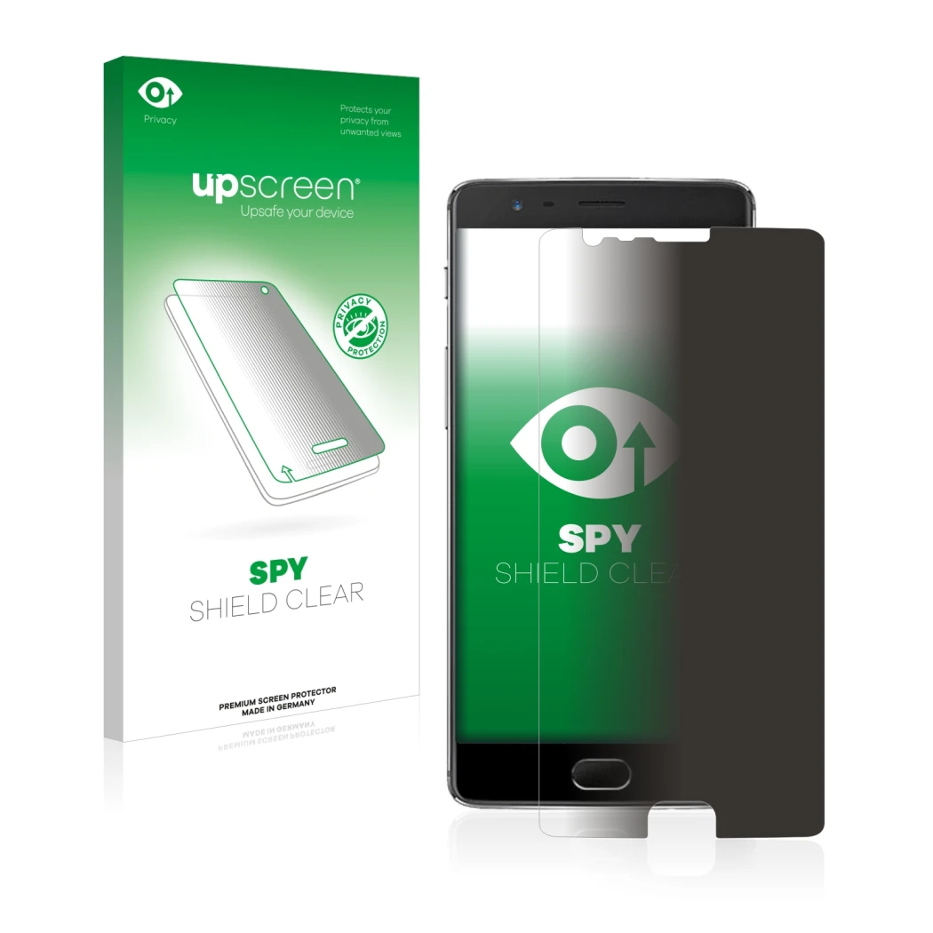 Face avant d’un emballage produit avec le logo de la marque upscreen. À côté, l’appareil OnePlus 3 est représenté avec la prot