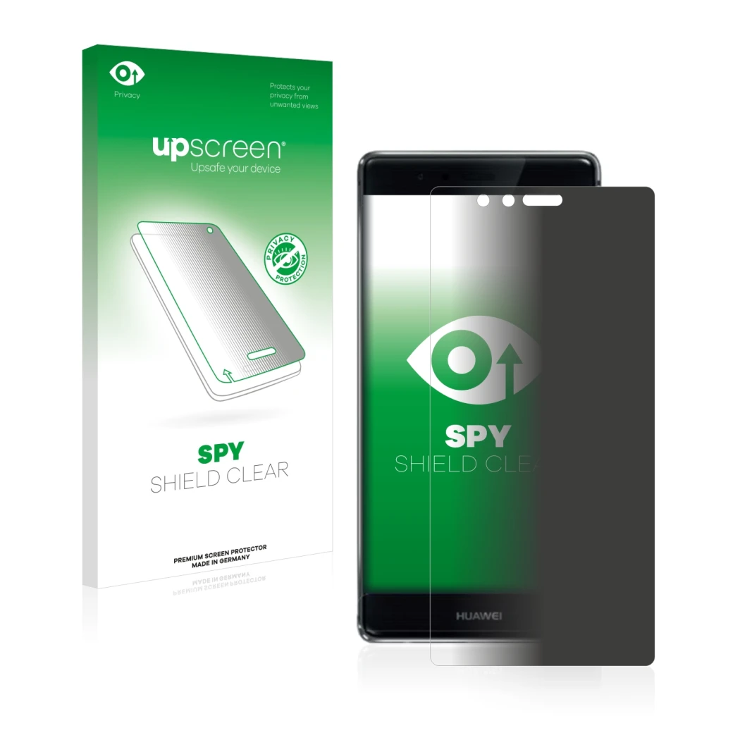 Face avant d’un emballage produit avec le logo de la marque upscreen. À côté, l’appareil Huawei P9 Plus est représenté avec la