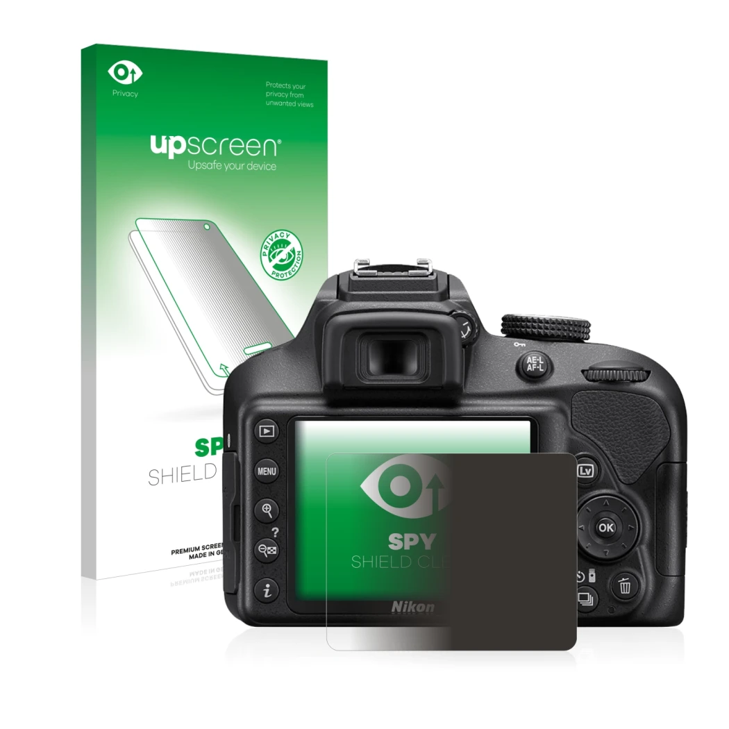 Face avant d’un emballage produit avec le logo de la marque upscreen. À côté, l’appareil Nikon D3400 est représenté avec la pr