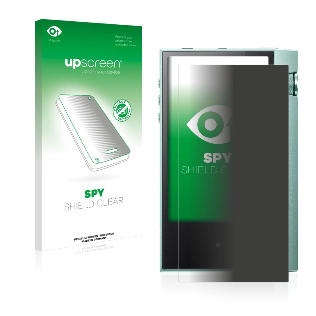 Face avant d’un emballage produit avec le logo de la marque upscreen. À côté, l’appareil Astell&Kern AK70 est représenté avec 