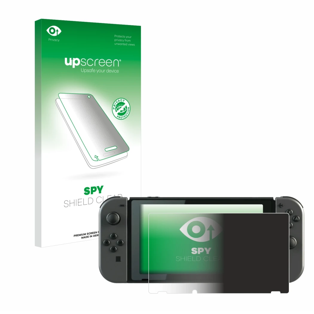 Face avant d’un emballage produit avec le logo de la marque upscreen. À côté, l’appareil Nintendo Switch est représenté avec l