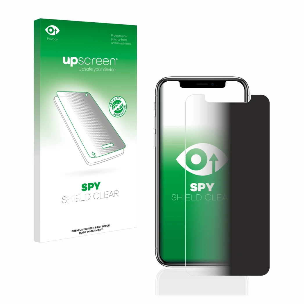Face avant d’un emballage produit avec le logo de la marque upscreen. À côté, l’appareil Apple iPhone X est représenté avec la