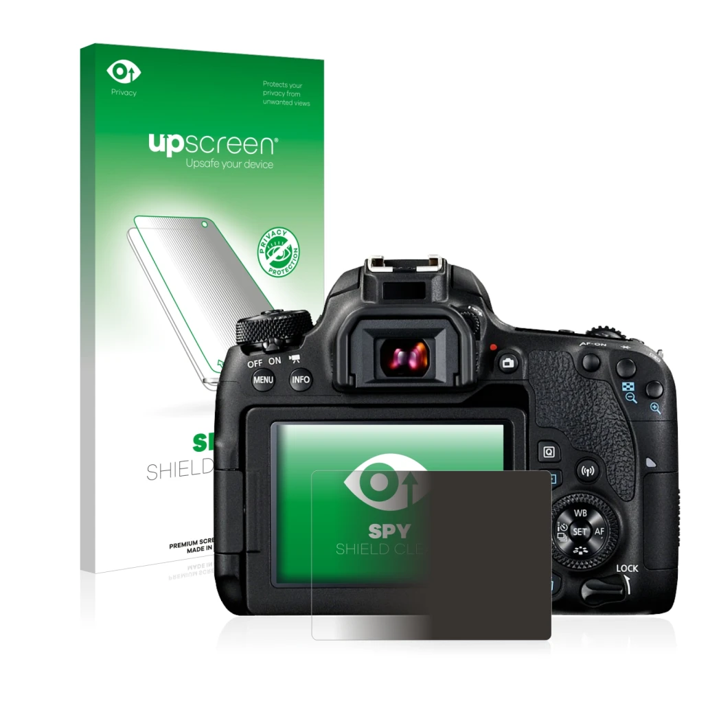 Face avant d’un emballage produit avec le logo de la marque upscreen. À côté, l’appareil Canon EOS 77D est représenté avec la