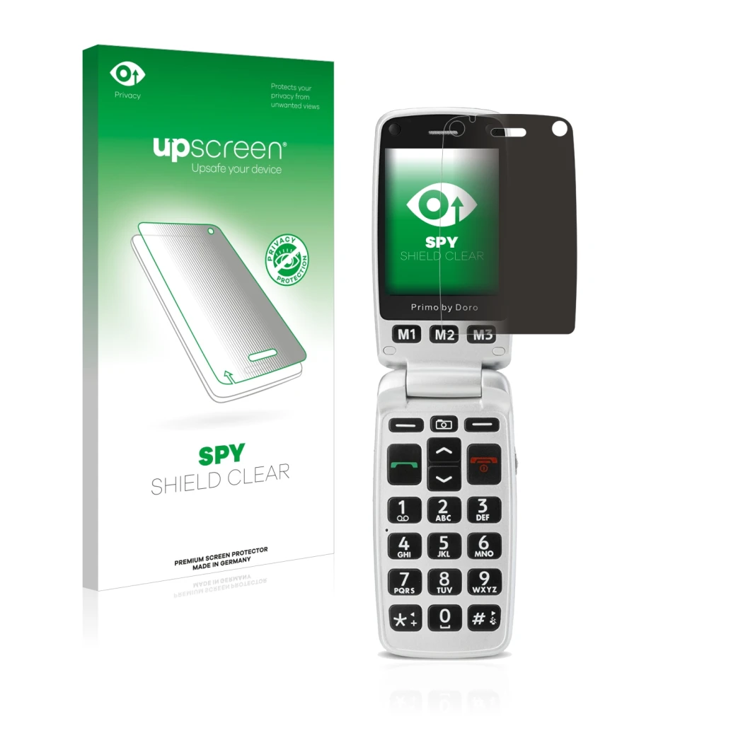 Face avant d’un emballage produit avec le logo de la marque upscreen. À côté, l’appareil Doro Primo 413 est représenté avec la