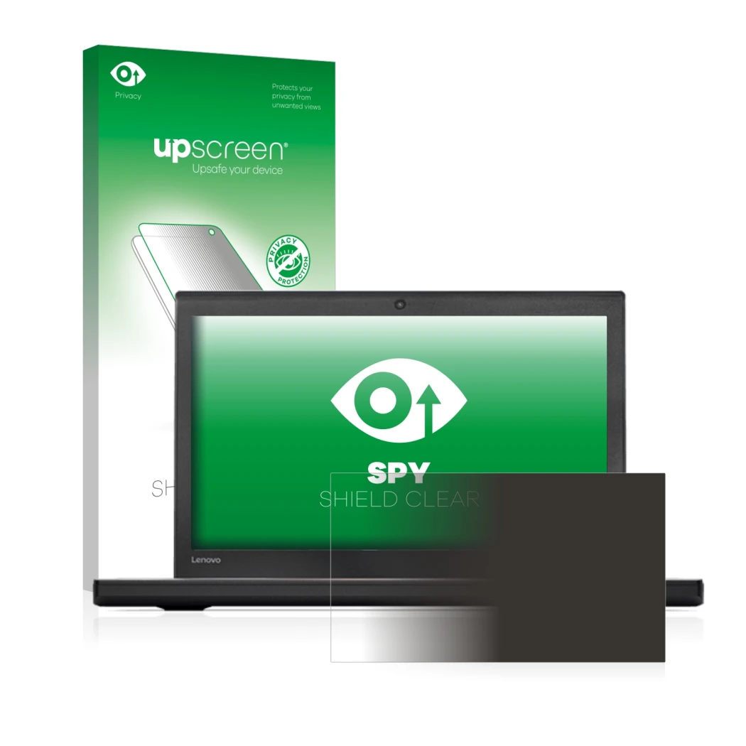 Face avant d’un emballage produit avec le logo de la marque upscreen. À côté, l’appareil Lenovo ThinkPad X270 est représenté a