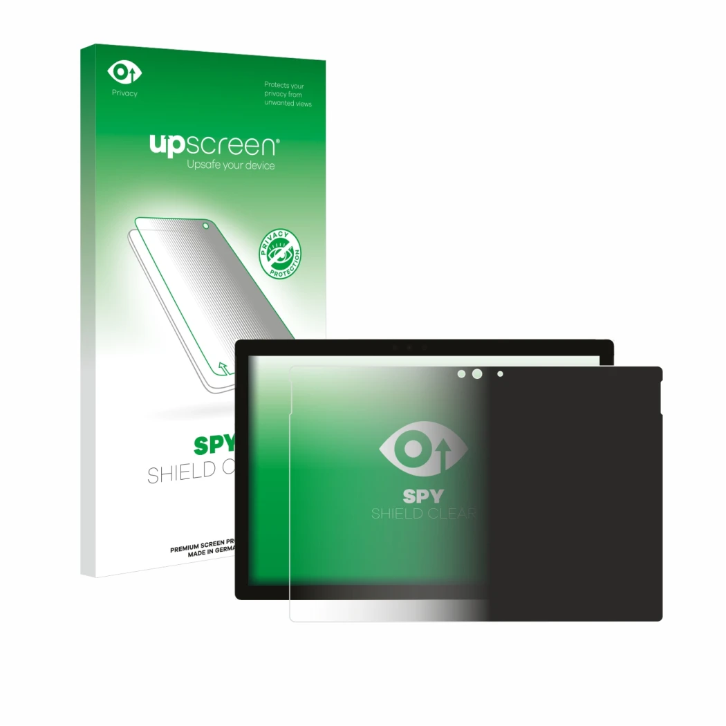 Face avant d’un emballage produit avec le logo de la marque upscreen. À côté, l’appareil Microsoft Surface Pro 5 2017 est repr