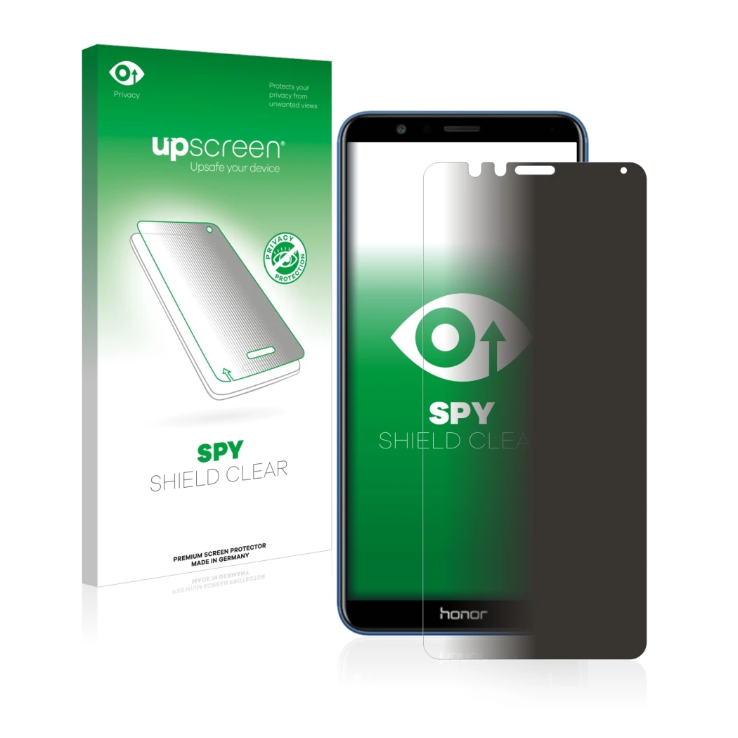 Face avant d’un emballage produit avec le logo de la marque upscreen. À côté, l’appareil Honor 7X est représenté avec la prote