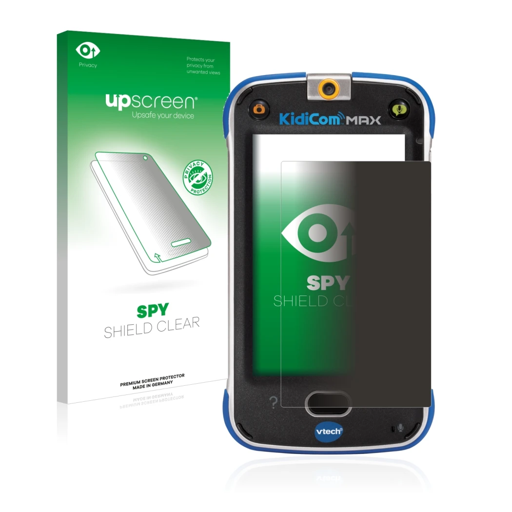 Face avant d’un emballage produit avec le logo de la marque upscreen. À côté, l’appareil Vtech Kidicom Max est représenté avec