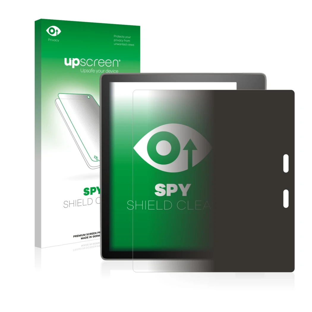 Face avant d’un emballage produit avec le logo de la marque upscreen. À côté, l’appareil Amazon Kindle Oasis 2017 (9ème Gen.) 