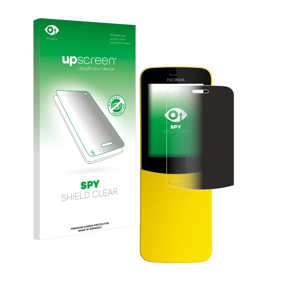 Face avant d’un emballage produit avec le logo de la marque upscreen. À côté, l’appareil Nokia 8110 est représenté avec la pro