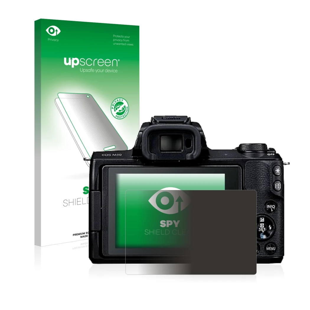 Face avant d’un emballage produit avec le logo de la marque upscreen. À côté, l’appareil Canon EOS M50 est représenté avec la
