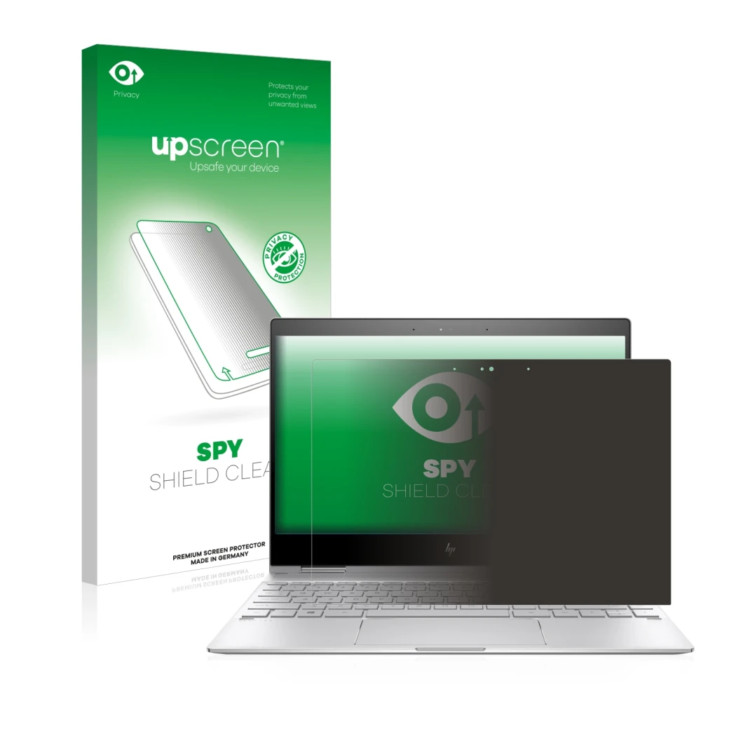 Face avant d’un emballage produit avec le logo de la marque upscreen. À côté, l’appareil HP Spectre x360 13-ae0xx est représen