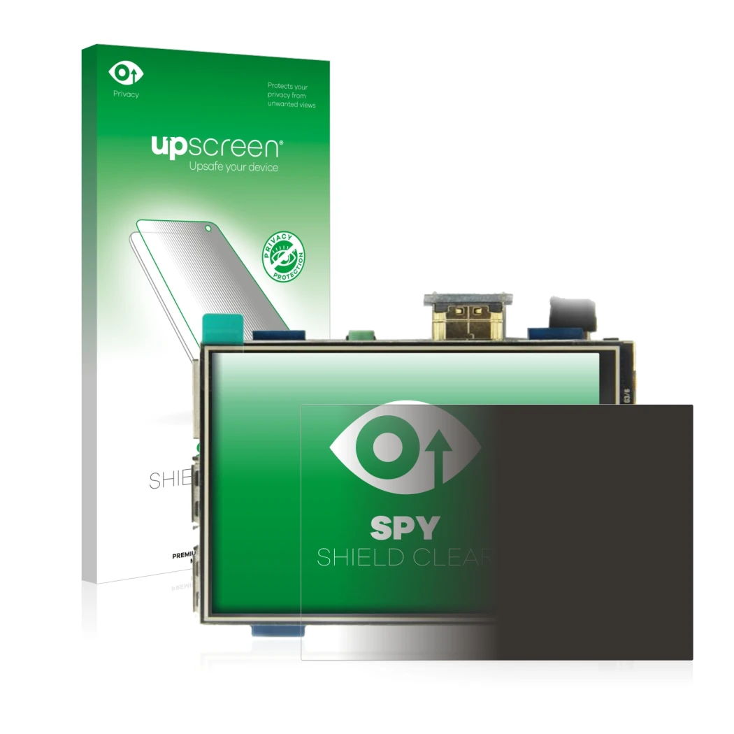 Face avant d’un emballage produit avec le logo de la marque upscreen. À côté, l’appareil Raspberry Pi Touchscreen (3.5