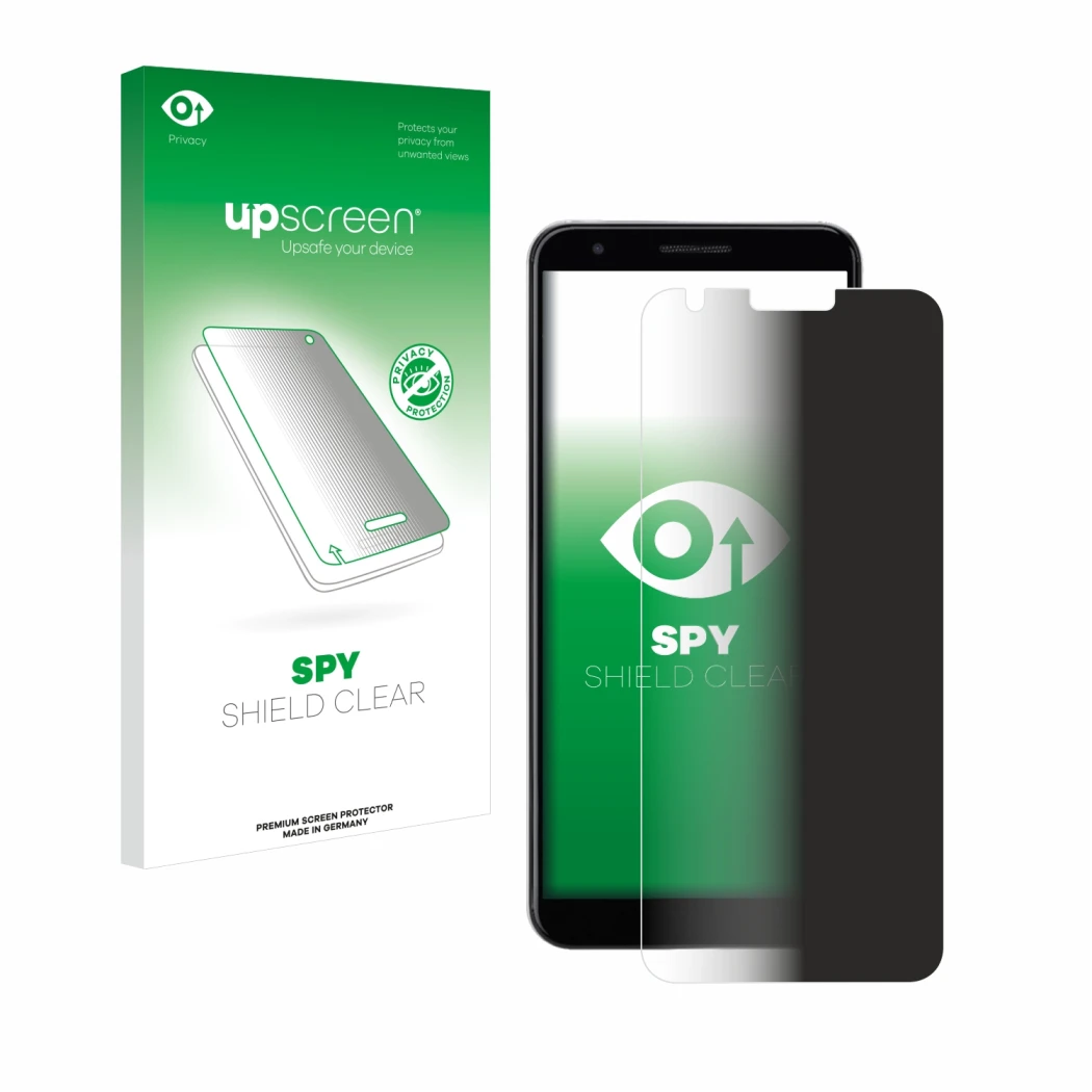 Face avant d’un emballage produit avec le logo de la marque upscreen. À côté, l’appareil Google Pixel 3a est représenté avec l