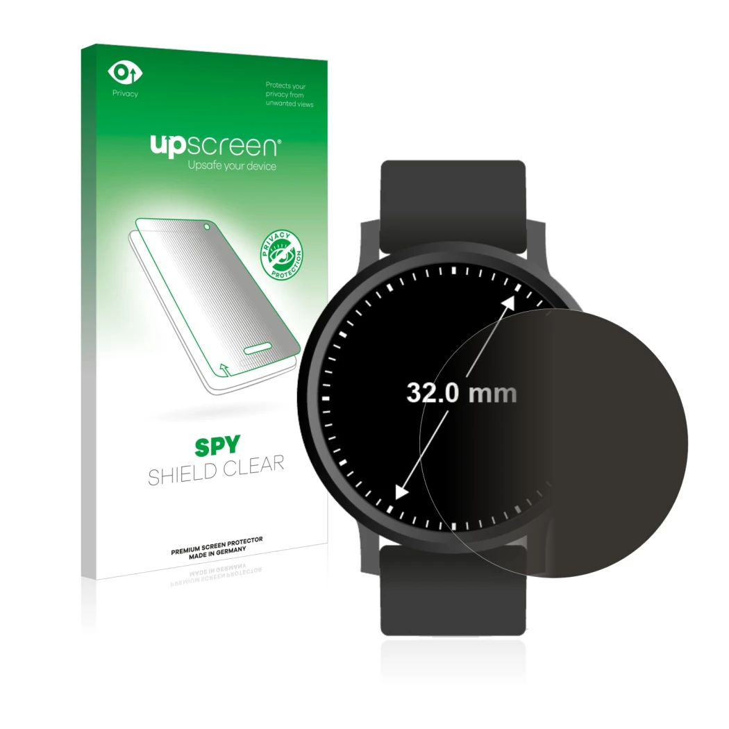 Face avant d’un emballage produit avec le logo de la marque upscreen. À côté, l’appareil Circulaire Displays (ø: 32 mm) est re