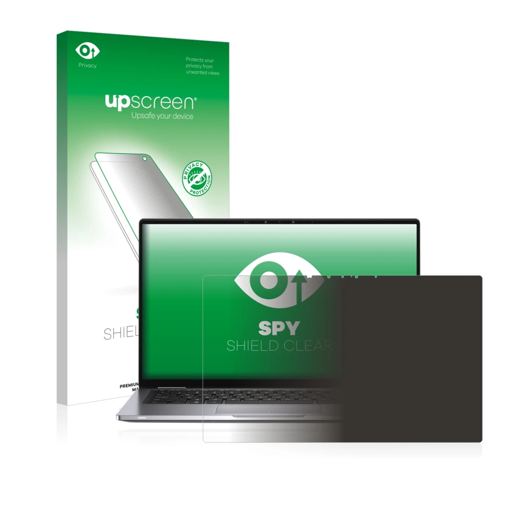 Face avant d’un emballage produit avec le logo de la marque upscreen. À côté, l’appareil Dell Latitude 7400 2-in-1 est représe
