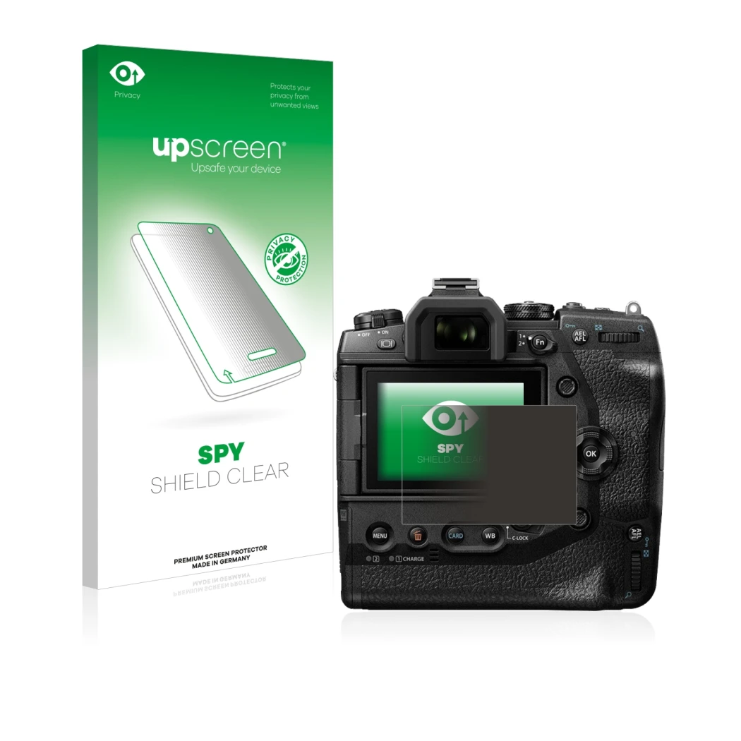 Face avant d’un emballage produit avec le logo de la marque upscreen. À côté, l’appareil Olympus OM-D E-M1X est représenté ave