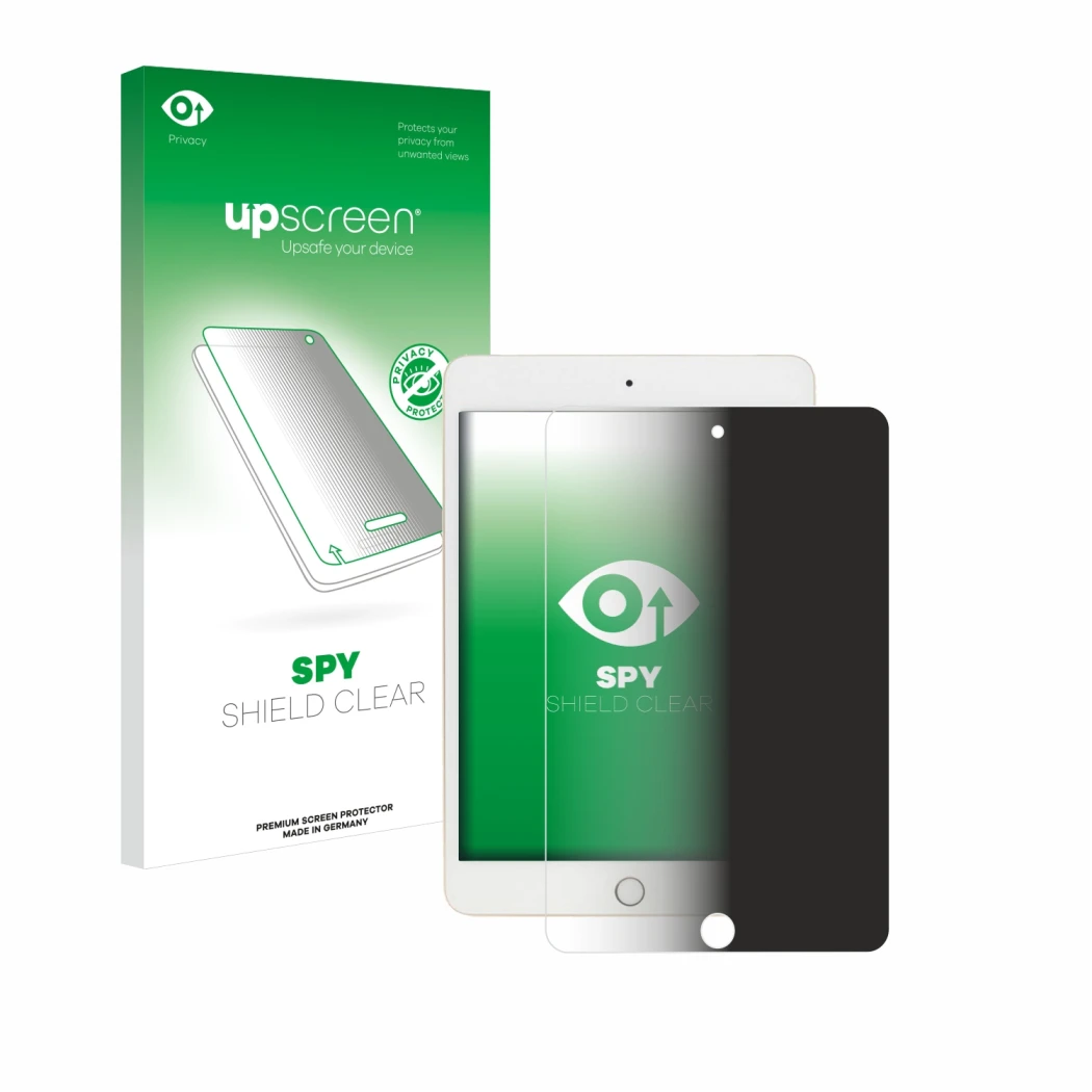 Face avant d’un emballage produit avec le logo de la marque upscreen. À côté, l’appareil Apple iPad Mini 5 2019 (5ème Gen.) es