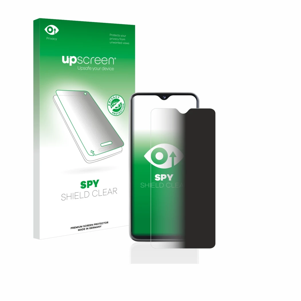 Face avant d’un emballage produit avec le logo de la marque upscreen. À côté, l’appareil Samsung Galaxy A20e est représenté av