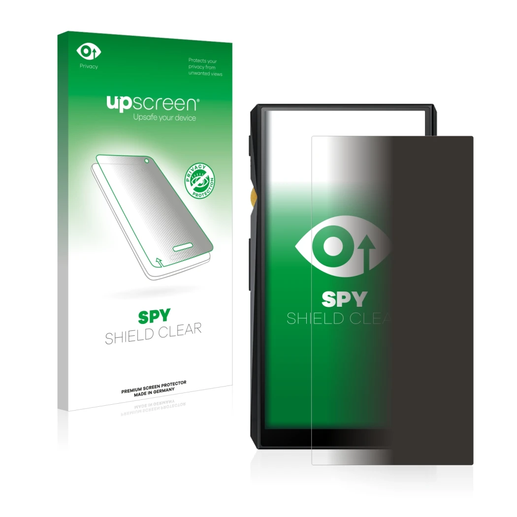 Face avant d’un emballage produit avec le logo de la marque upscreen. À côté, l’appareil FiiO M11 est représenté avec la prote
