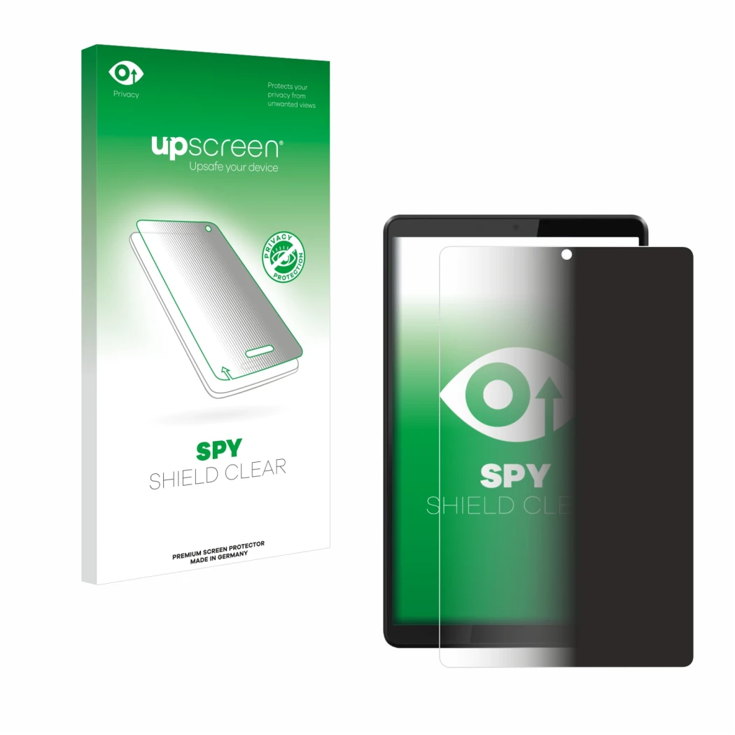 Face avant d’un emballage produit avec le logo de la marque upscreen. À côté, l’appareil Lenovo Tab M8 est représenté avec la