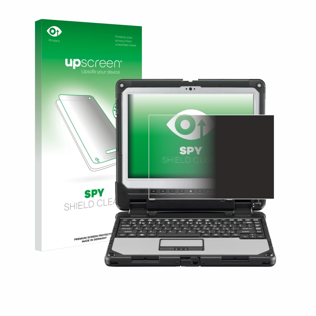 Face avant d’un emballage produit avec le logo de la marque upscreen. À côté, l’appareil Panasonic Toughbook CF-33 est représe