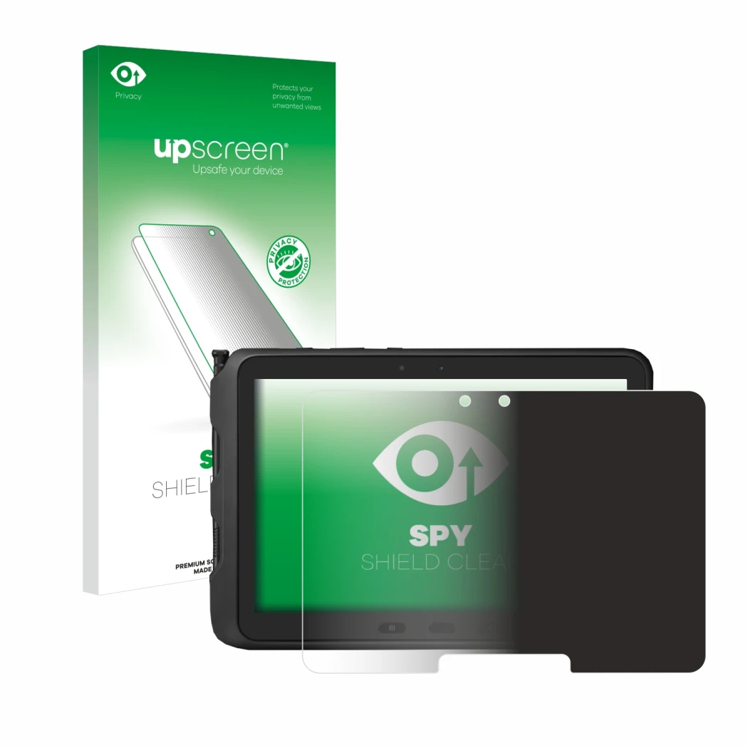 Face avant d’un emballage produit avec le logo de la marque upscreen. À côté, l’appareil Samsung Galaxy Tab Active Pro est rep