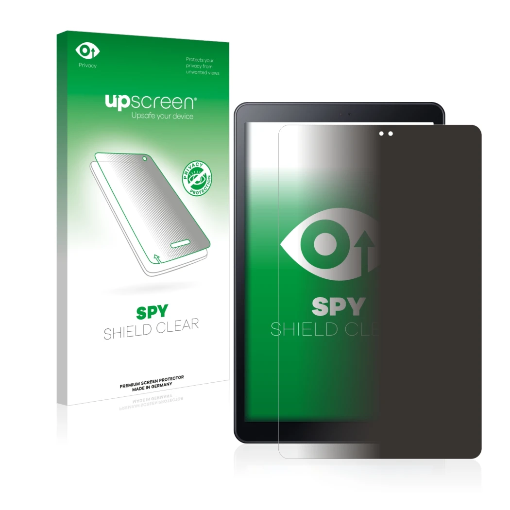Face avant d’un emballage produit avec le logo de la marque upscreen. À côté, l’appareil Samsung Galaxy Tab A 10.5 WiFi 2018 e