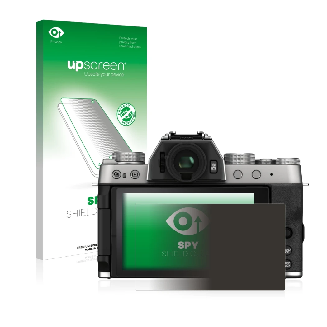 Face avant d’un emballage produit avec le logo de la marque upscreen. À côté, l’appareil Fujifilm X-T200 est représenté avec l