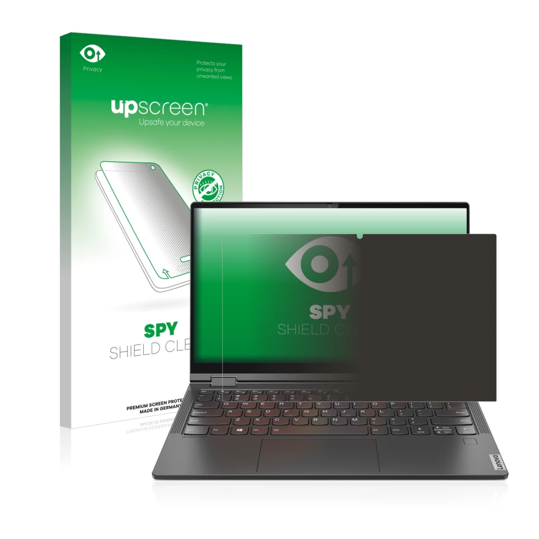 Face avant d’un emballage produit avec le logo de la marque upscreen. À côté, l’appareil Lenovo Yoga C640 est représenté avec