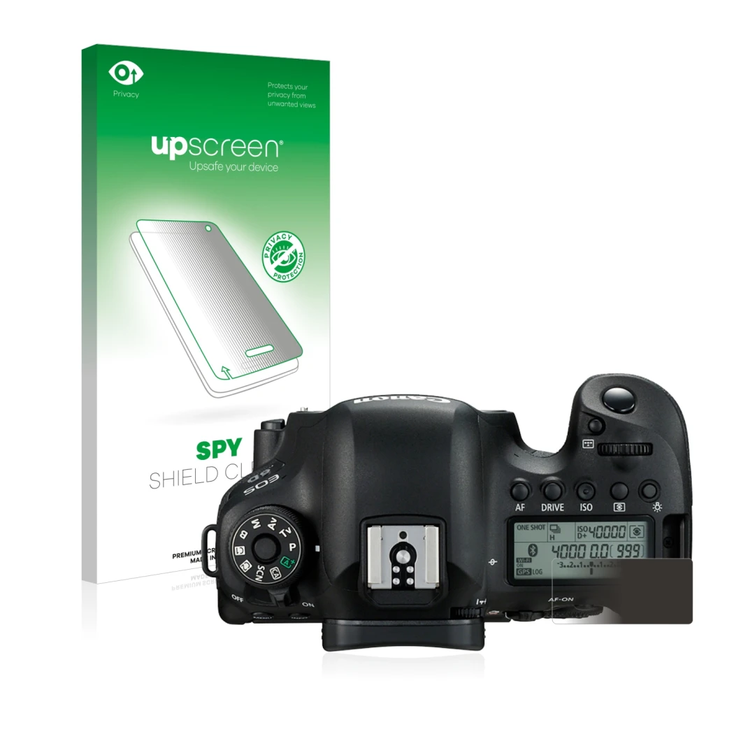 Face avant d’un emballage produit avec le logo de la marque upscreen. À côté, l’appareil Canon EOS 6D (affichage des épaules) 