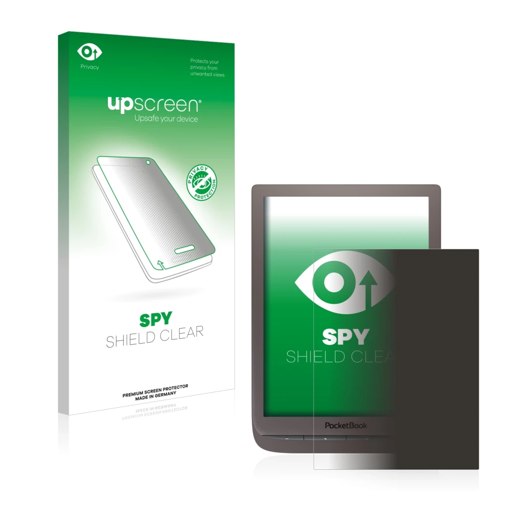 Face avant d’un emballage produit avec le logo de la marque upscreen. À côté, l’appareil PocketBook InkPad 3 Pro est représent