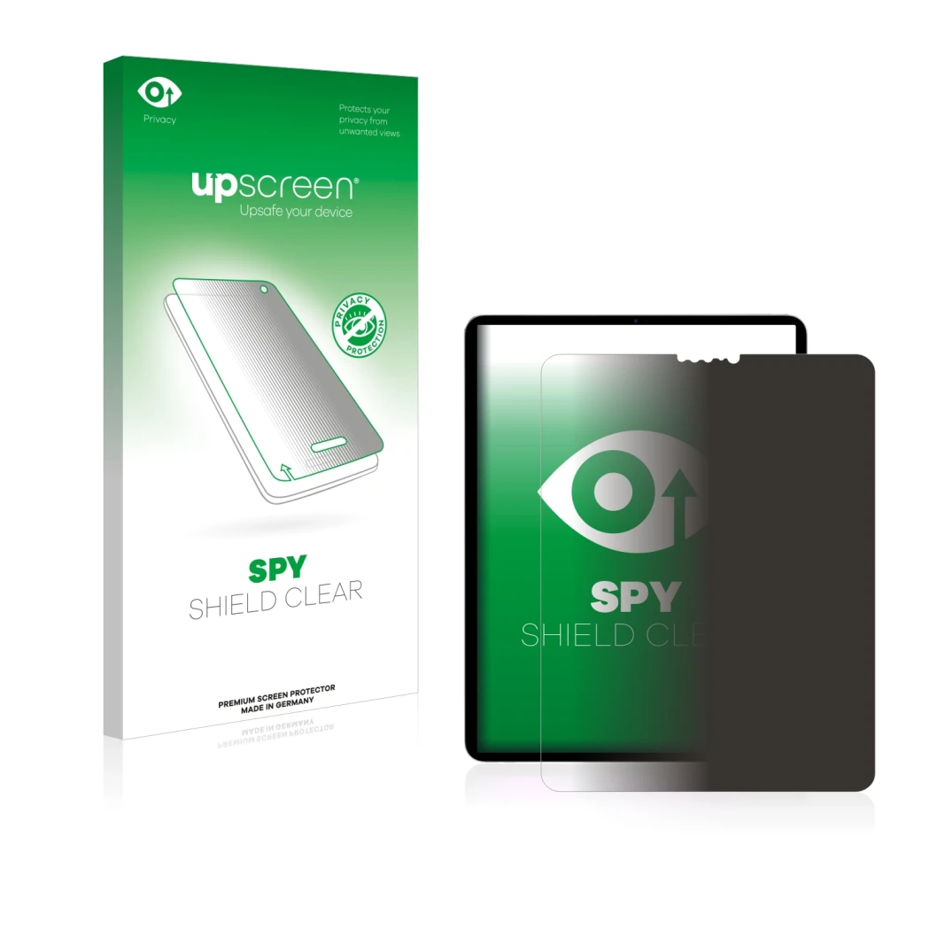 Face avant d’un emballage produit avec le logo de la marque upscreen. À côté, l’appareil Apple iPad Pro 11